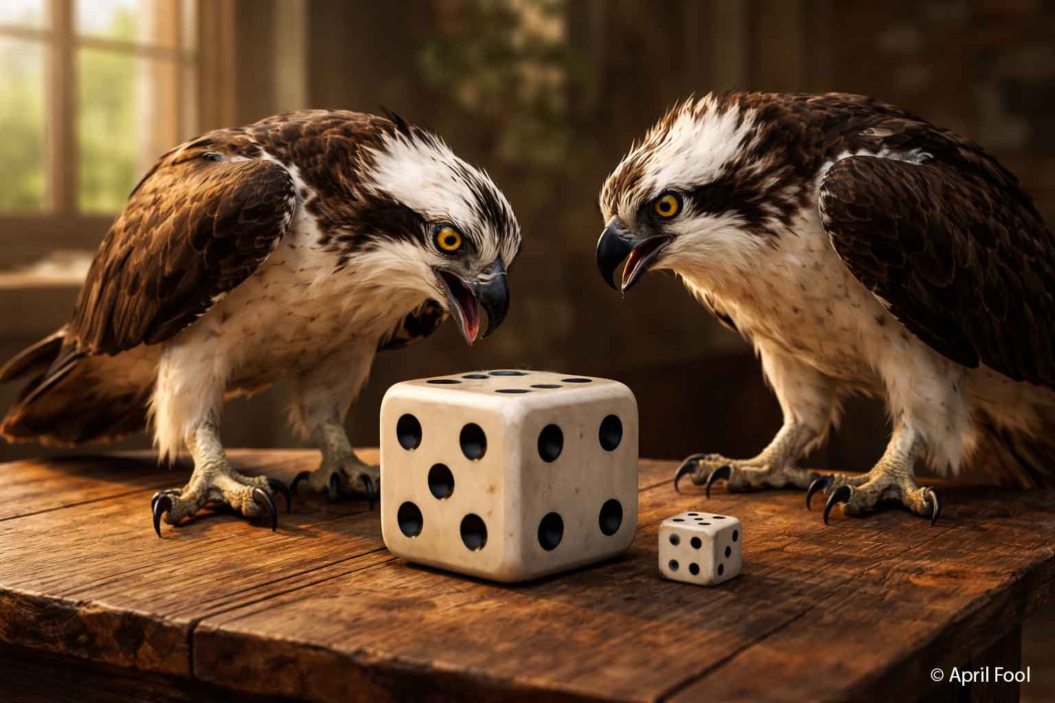 Ospreys play with dice, image generated by AI